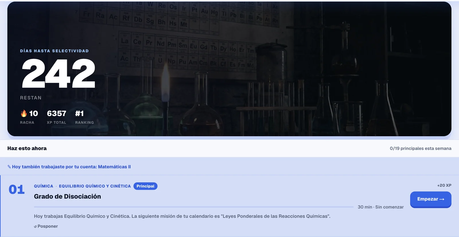 Pantalla de Camino en Kairo: días que faltan para Selectividad, racha y la misión de hoy (Química, Grado de disociación, 30 minutos) con el botón Empezar