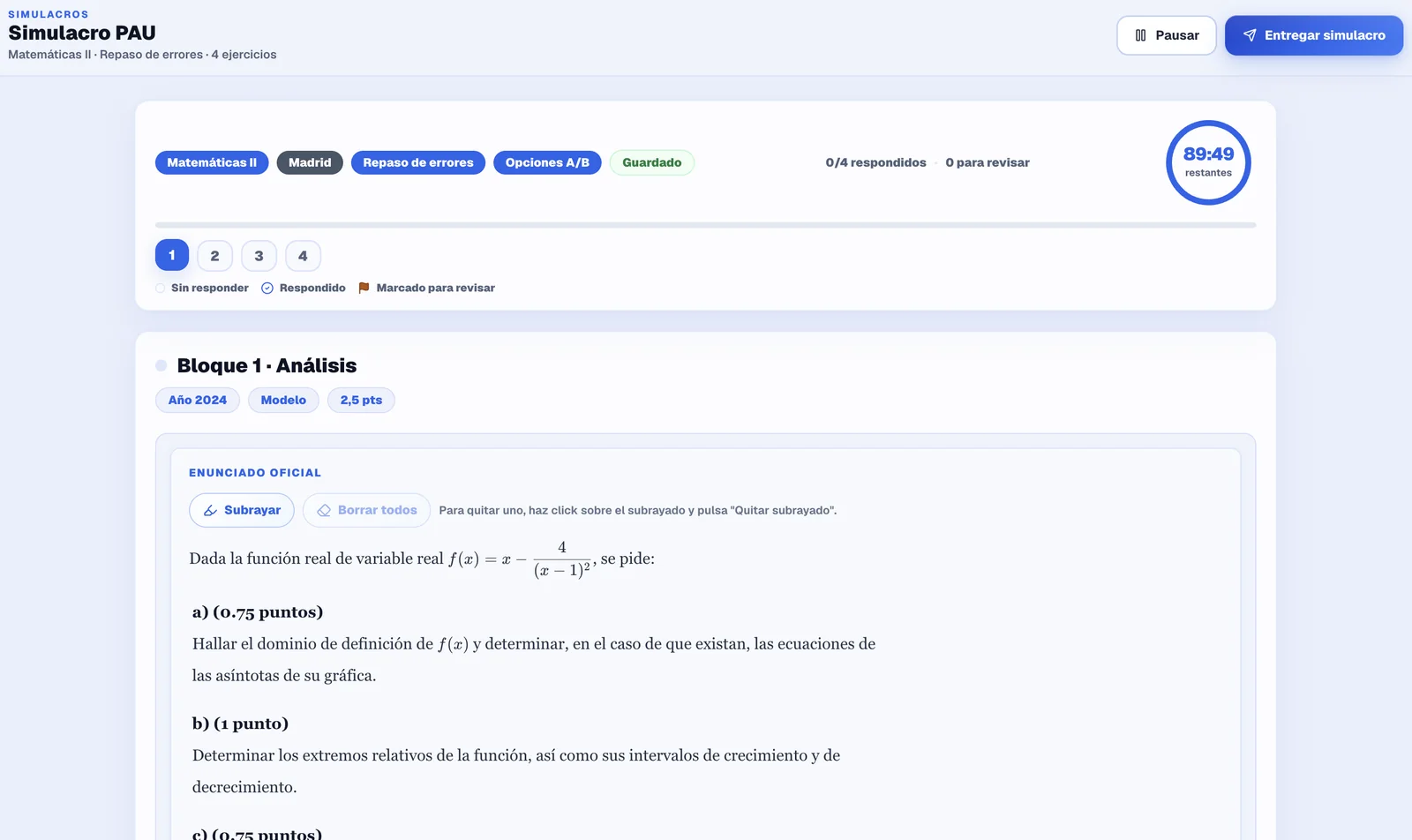 Simulacro de Matemáticas II en Kairo: cronómetro con 89:49 restantes, ejercicios 1 a 4, opciones A/B y el enunciado oficial del Modelo 2024 (2,5 puntos)